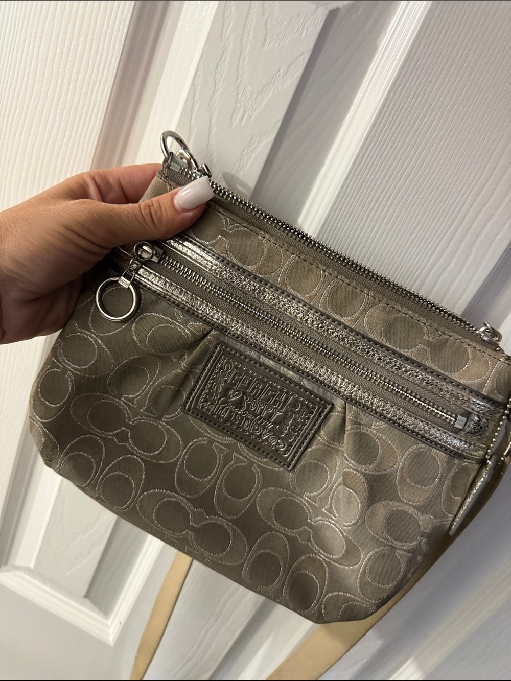 Coach Metallic Taupe Signature Wristlet Clutch